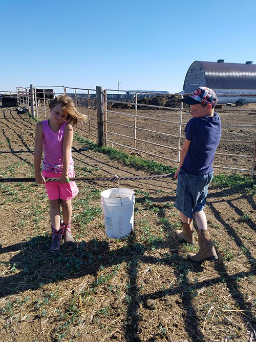 Heather's kids carry water for livestock