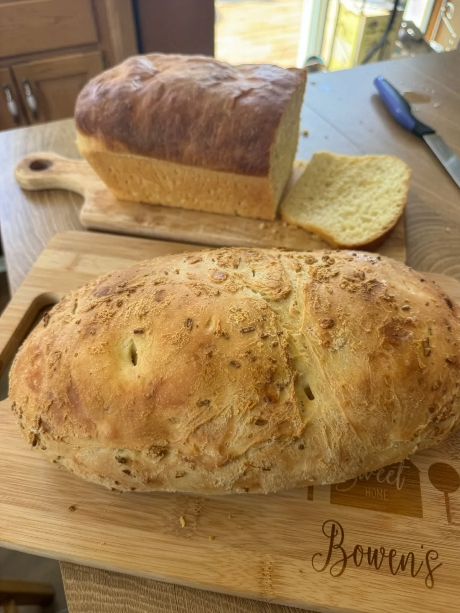Delicious loaves of sourdough bread on table! Yum!