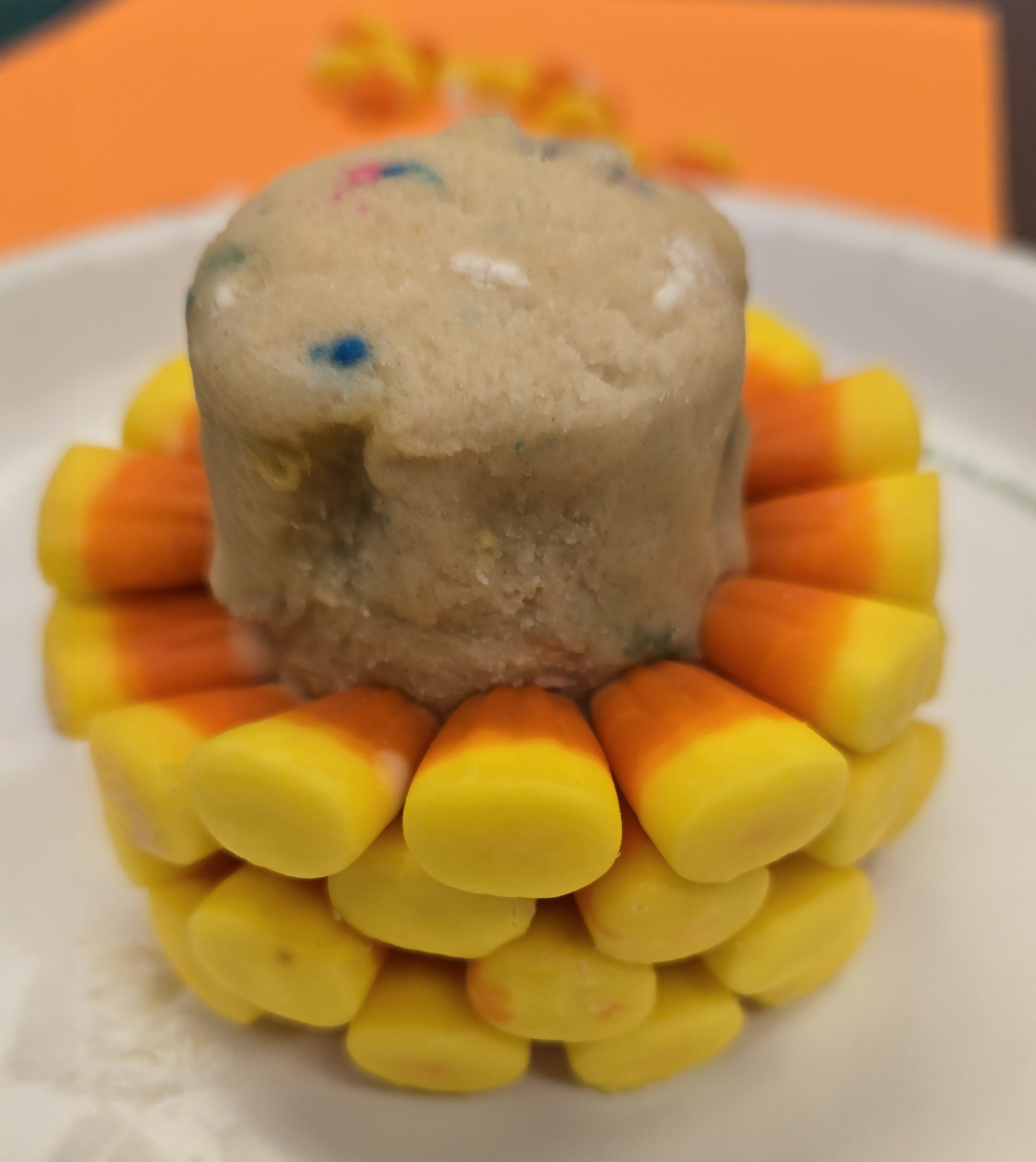 The candy corn cob process halfway through