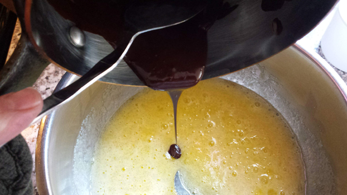 pouring chocolate into mix